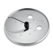A shiny, round stainless steel WFP16S Slicing Disc with a curved blade on one side, three circular holes, and engraved text indicating it's a Waring adjustable slicing disc made in China. The reflective surface is smooth and polished.