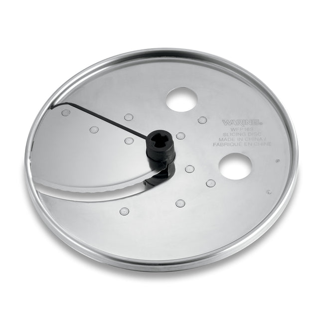 A shiny, round stainless steel WFP16S Slicing Disc with a curved blade on one side, three circular holes, and engraved text indicating it's a Waring adjustable slicing disc made in China. The reflective surface is smooth and polished.