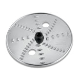 A round, shiny stainless steel Waring reversible shredding disc with a black central plastic hub and sharp, curved grating slots in a spiral pattern. Compatible with the WFP16S food processor, it features engraved text and two circular holes.