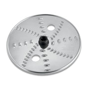 A round, shiny stainless steel Waring reversible shredding disc with a black central plastic hub and sharp, curved grating slots in a spiral pattern. Compatible with the WFP16S food processor, it features engraved text and two circular holes.
