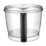 A clear plastic sealed batch bowl for the WFP16S food processor, featuring a black vertical handle. This 4 quart, cylindrical bowl has side markings, a flat bottom, and an indented top edge for securing a lid.