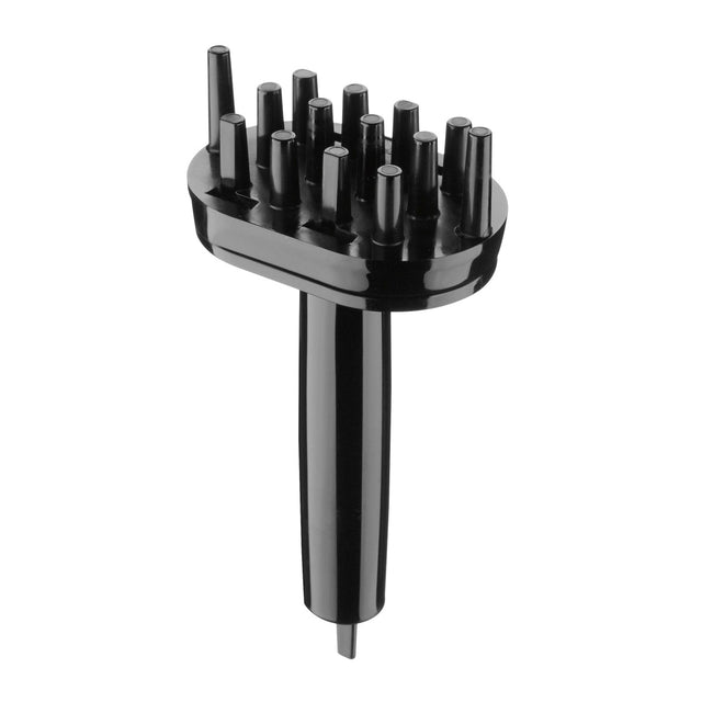 A black plastic handheld massager with a long handle and an oval head featuring multiple short, rounded, vertical prongs arranged in two rows. The 12mm prongs are evenly spaced and smooth, designed to massage the scalp or body.