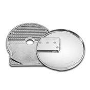 Two round metal food processor discs are shown. One features a grating grid, perfect as a dicing grid, and a central hole. The other is smooth with a mounted straight slicing disc labeled “UNLOCK.” Both have shiny, reflective surfaces and slightly overlap.