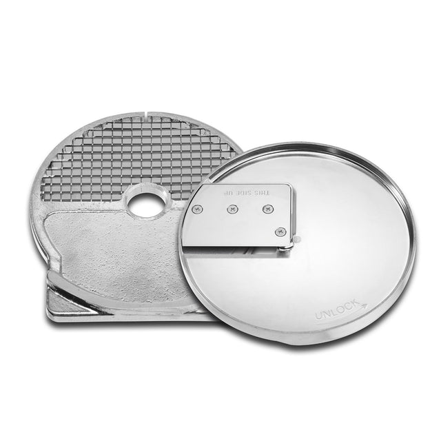 Two round metal food processor discs are shown. One features a grating grid, perfect as a dicing grid, and a central hole. The other is smooth with a mounted straight slicing disc labeled “UNLOCK.” Both have shiny, reflective surfaces and slightly overlap.