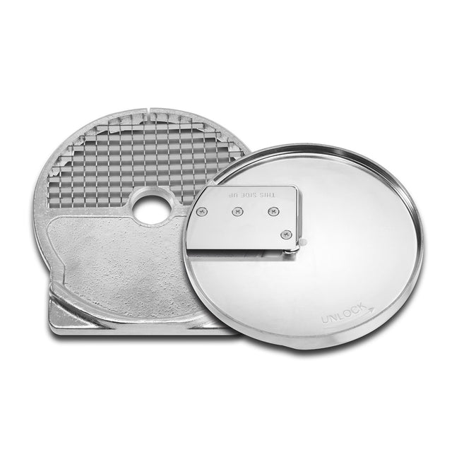 Two circular metal food processor blades are shown: a dicing grid slicing disc with a mesh pattern and central hole, and a smooth, solid disc with a sharp curved blade and an UNLOCK arrow marker. Both are clean and metallic.