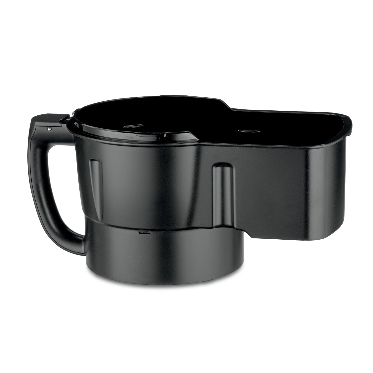 A black plastic car cup holder expander with a large round base, built-in handle, and an extended side area—similar to the design efficiency of a WFP16SCD continuous feed chute—for extra storage in standard vehicle cup holders.