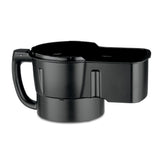 A black plastic car cup holder expander with a large round base, built-in handle, and an extended side area—similar to the design efficiency of a WFP16SCD continuous feed chute—for extra storage in standard vehicle cup holders.