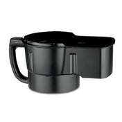 A black plastic car cup holder expander with a large round base, built-in handle, and an extended side area—similar to the design efficiency of a WFP16SCD continuous feed chute—for extra storage in standard vehicle cup holders.