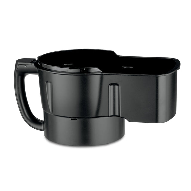 A black plastic car cup holder expander with a large round base, built-in handle, and an extended side area—similar to the design efficiency of a WFP16SCD continuous feed chute—for extra storage in standard vehicle cup holders.