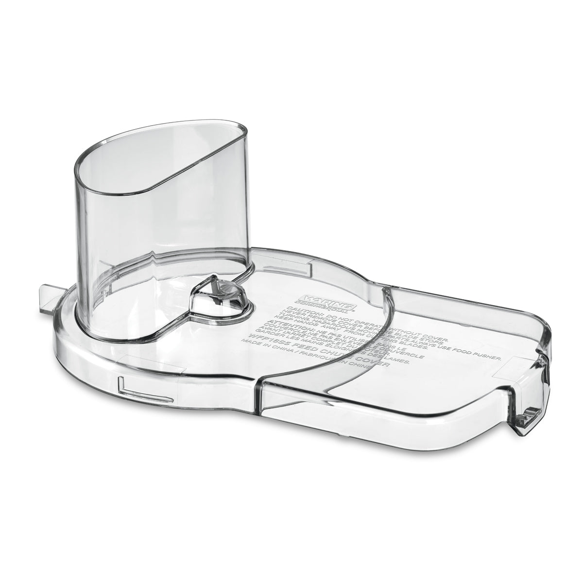 A transparent, curved Waring food processor chute and lid part with printed safety instructions, featuring a cylindrical feed tube, locking mechanism, and hinged section. This Continuous Feed Chute (WFP16SCD) allows safe ingredient addition.