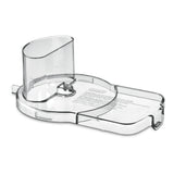 A transparent, curved Waring food processor chute and lid part with printed safety instructions, featuring a cylindrical feed tube, locking mechanism, and hinged section. This Continuous Feed Chute (WFP16SCD) allows safe ingredient addition.
