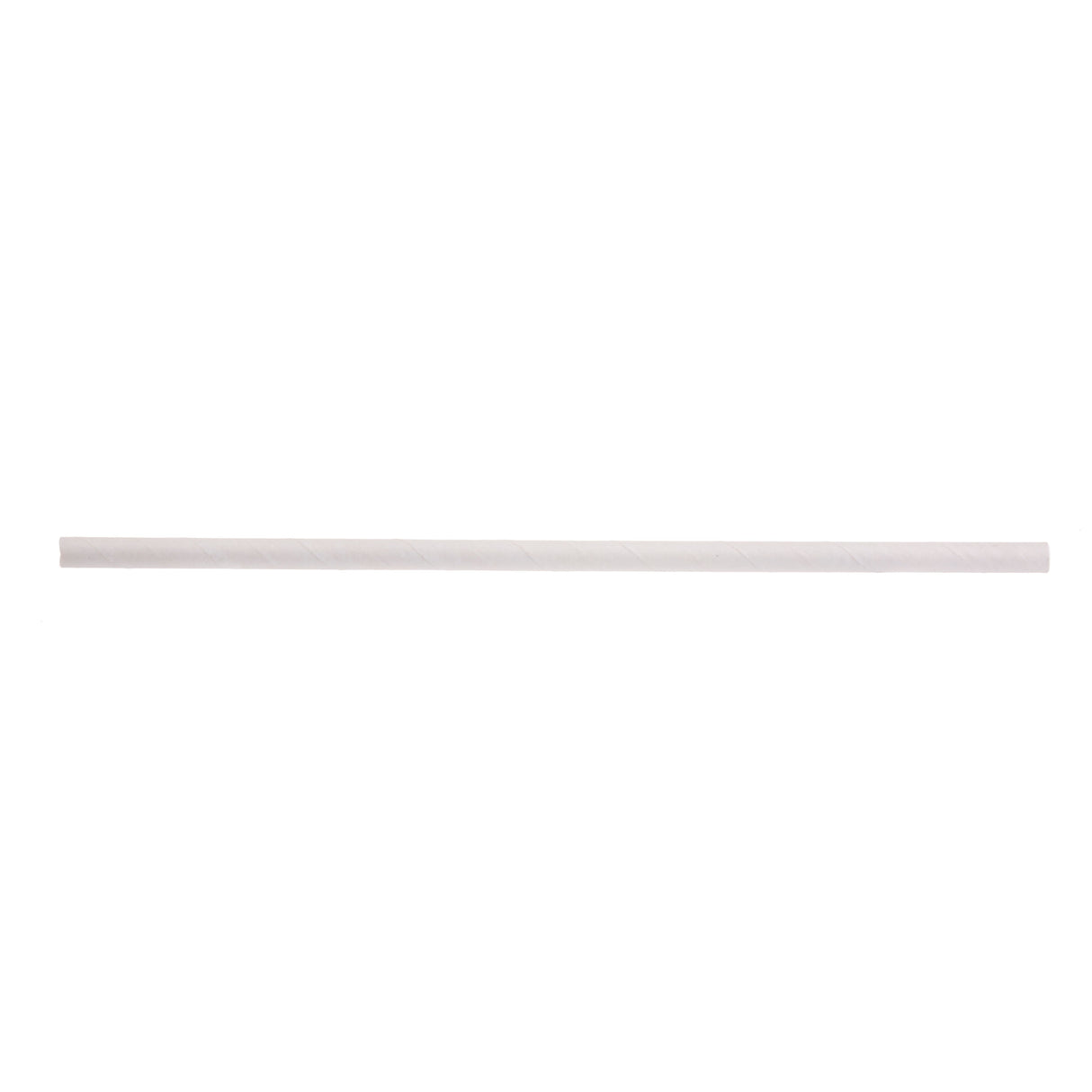 A single white drinking straw is centered horizontally against a plain white background. The cylindrical paper straw is unwrapped, showcasing subtle diagonal lines that highlight its spiral structure.