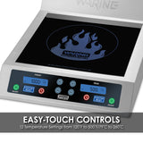 A stainless steel Waring Commercial induction range countertop with a digital control panel, blue LED displays, and separate easy-touch controls for each double hob. Text reads: EASY-TOUCH CONTROLS, 12 Temperature Settings.