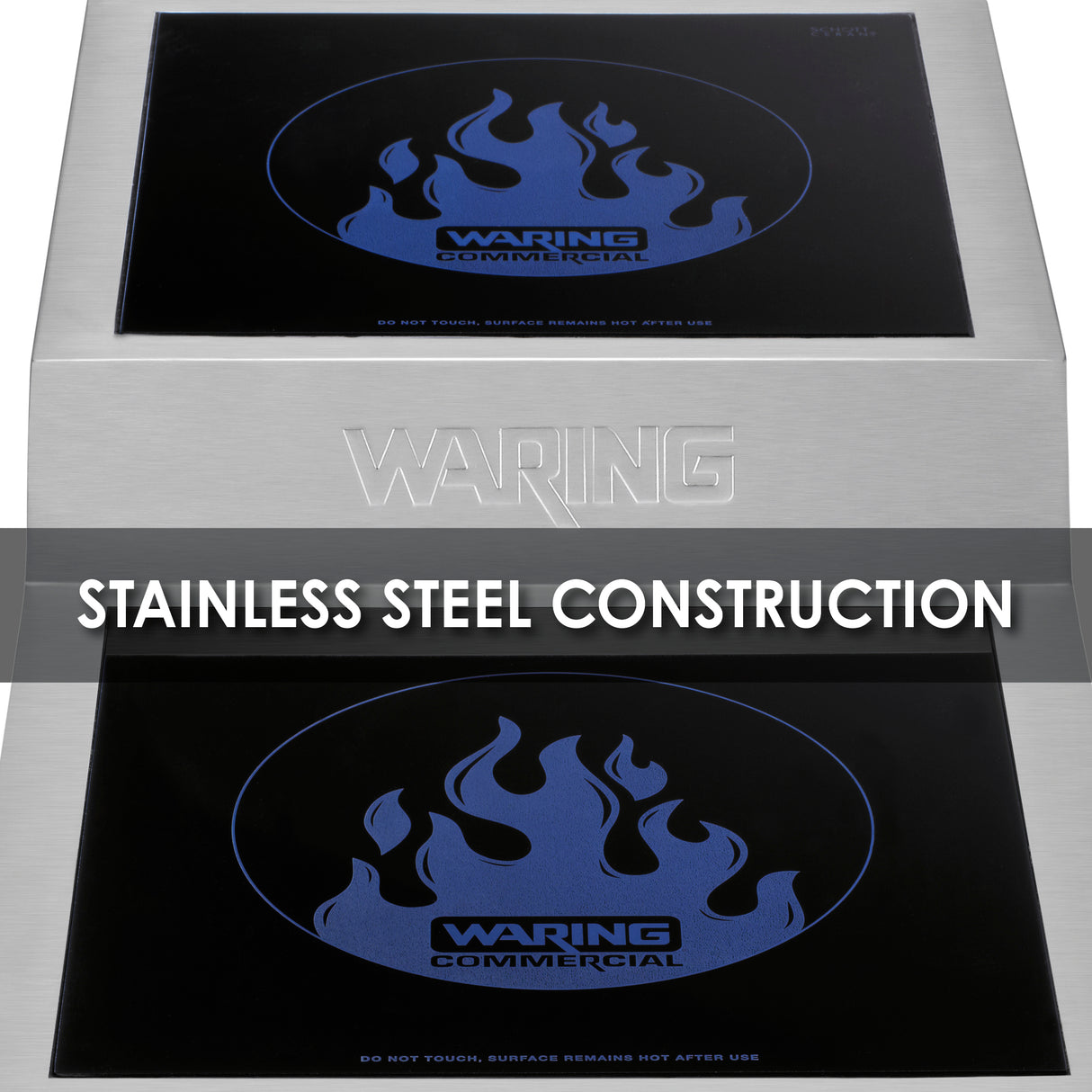A stainless steel countertop Induction Range with a black surface and blue flame graphic labeled Waring Commercial. The words STAINLESS STEEL CONSTRUCTION are bold across the center, and the Waring logo is embossed on the steel front.