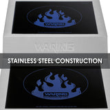 A stainless steel countertop Induction Range with a black surface and blue flame graphic labeled Waring Commercial. The words STAINLESS STEEL CONSTRUCTION are bold across the center, and the Waring logo is embossed on the steel front.
