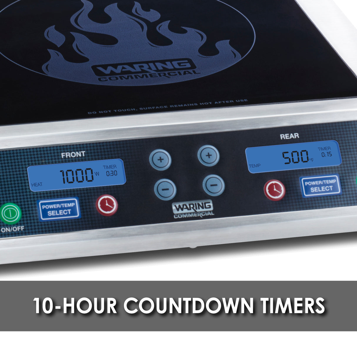 Close-up of a Waring Commercial Double Hob induction range control panel with two digital displays. The “FRONT” shows 1000W, timer 0:30; the “REAR” at 500W, timer 0:00. “10-HOUR COUNTDOWN TIMERS” is noted below on this countertop unit.
