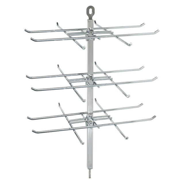 The Winco EDM-2PR Pretzel rack features four tiers of horizontal rods for holding snacks, all attached to a central vertical pole. Each tier forms an X shape, with a loop at the top and a pointed end at the bottom for stability.