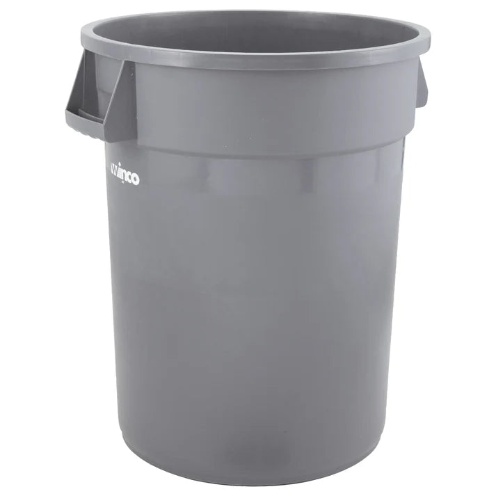 A large, round, gray plastic 20 gallon trash can with two side handles and a slightly flared rim. The container is heavy duty and unlined, featuring a small white zinco logo on the upper side. The background is white and the can is empty.