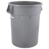A large, round, gray plastic 20 gallon trash can with two side handles and a slightly flared rim. The container is heavy duty and unlined, featuring a small white zinco logo on the upper side. The background is white and the can is empty.