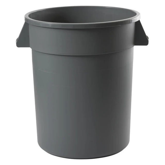 A heavy duty, 20 gallon gray plastic Trash Can with a wide rim and two rectangular handles sits empty on a plain white background.