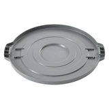 A round, flat, gray HDPE lid with two handles on opposite sides. The lid for PTC-20G features concentric circular ridges and a small recessed square with embossed symbols near the center, designed to fit a large container or bin.