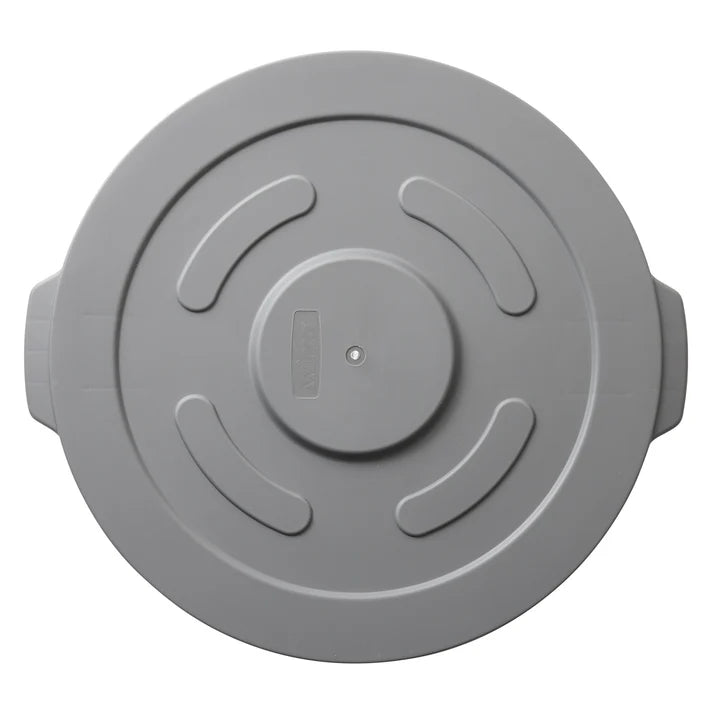A gray, round HDPE lid for PTC-20G is shown from above. It has three raised curved grips and two side handles for easy lifting. The surface is smooth with a central circular section, and the color is uniform throughout.