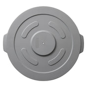 A gray, round HDPE lid for PTC-20G is shown from above. It has three raised curved grips and two side handles for easy lifting. The surface is smooth with a central circular section, and the color is uniform throughout.