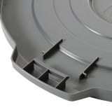 Close-up of a gray HDPE lid for PTC-20G with a raised edge and two vertical ridges. The Winco PTCL-20G lid has a smooth surface with subtle concentric circles and rectangular notches at the bottom left for secure fitting.