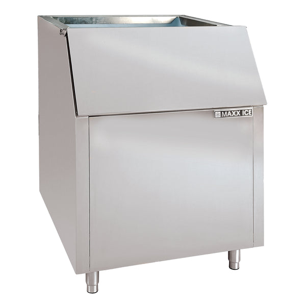 A stainless steel ice storage bin with a hinged front door and four short legs. The “MAXX ICE” logo is visible on the upper right of the door. The interior, designed for 400 lbs ice storage, is partially visible through the top opening.