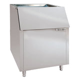 A stainless steel ice storage bin with a hinged front door and four short legs. The “MAXX ICE” logo is visible on the upper right of the door. The interior, designed for 400 lbs ice storage, is partially visible through the top opening.