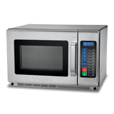 A Waring heavy duty microwave oven with a black window, digital display showing 0:00, and colorful keypad sits against a plain white background. This stainless steel 1800 watt microwave is ideal for commercial kitchens.