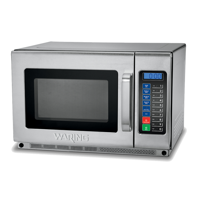 A Waring heavy duty microwave oven with a black window, digital display showing 0:00, and colorful keypad sits against a plain white background. This stainless steel 1800 watt microwave is ideal for commercial kitchens.