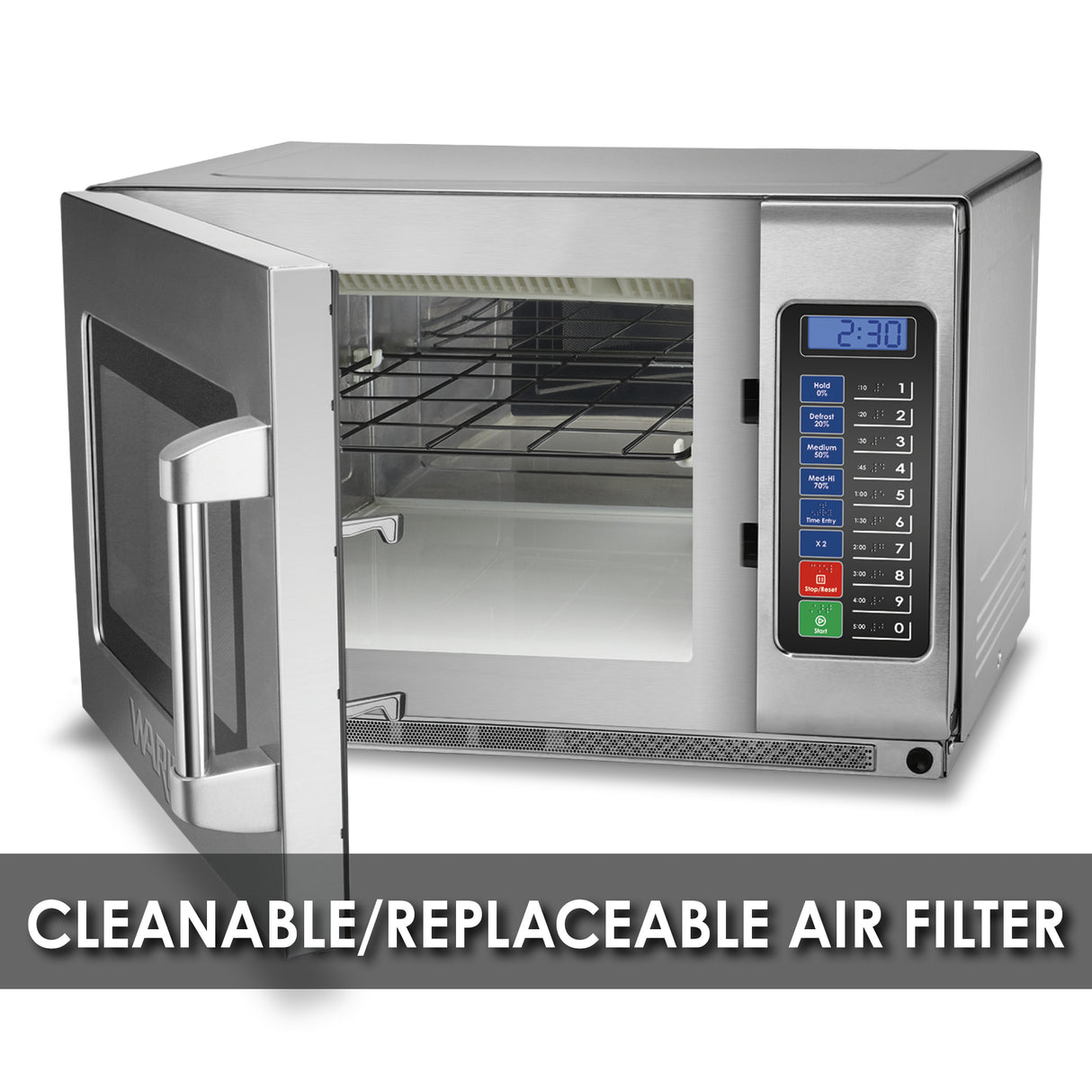 A heavy duty microwave oven with a stainless steel finish sits open, revealing interior racks. The control panel reads 2:30. A bold banner at the bottom states “CLEANABLE/REPLACEABLE AIR FILTER” in white text on a dark background.