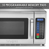 A stainless steel heavy duty microwave oven with a digital display showing 2:30 and a control panel featuring 10 colorful programmable memory pads. Text above reads “10 Programmable Memory Pads” and “100 Programmable Settings.”.