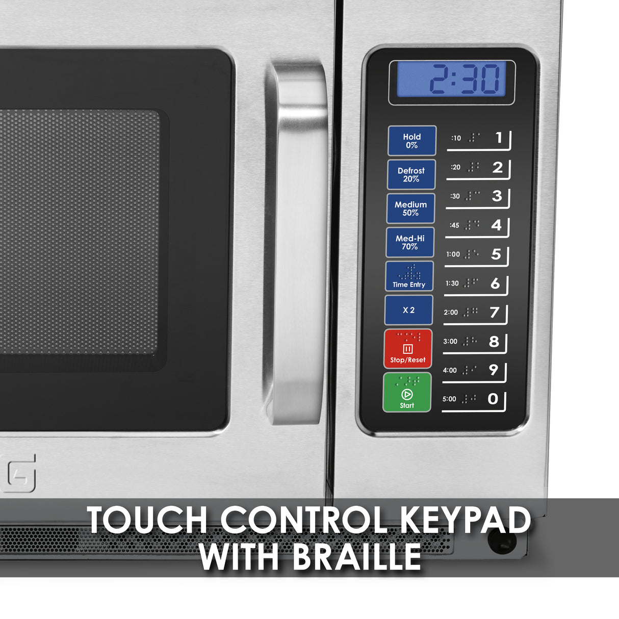 A heavy duty microwave oven with a stainless steel finish and digital keypad featuring Braille above each button. The LED display shows 2:30. Touch Control Keypad with Braille ensures accessibility in this powerful commercial microwave oven.