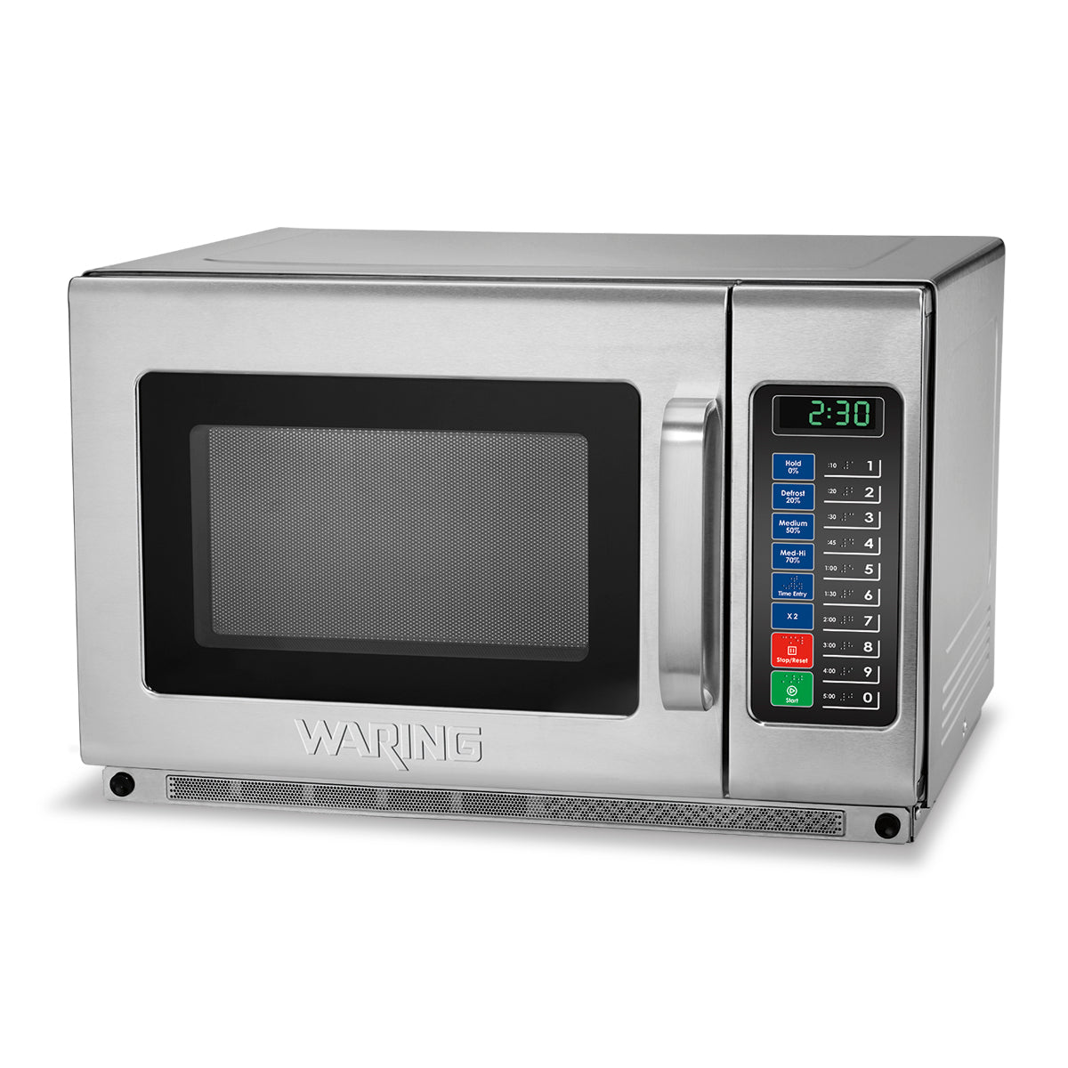 A stainless steel commercial microwave oven with a digital keypad and display. The display shows 2:30. The control panel has numbered buttons and colored labels. The WARING brand name is visible on this heavy duty microwave oven’s front.