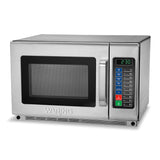 A stainless steel commercial microwave oven with a digital keypad and display. The display shows 2:30. The control panel has numbered buttons and colored labels. The WARING brand name is visible on this heavy duty microwave oven’s front.