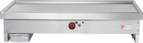 A stainless steel Wolf TYG48C_LP teppanyaki griddle with a flat 48-inch cooking surface, red temperature control knob, indicator lights, left grease tray, and Wolf logo on the right. The commercial griddle is clean and set against a white background.