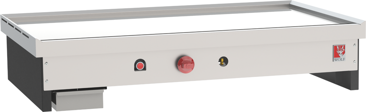 A stainless steel Wolf TYG48C_LP teppanyaki griddle with a flat cooking surface, control knobs on the front, and the red Wolf logo on the right. This 48-inch commercial griddle has a boxy base and raised edges, set against a plain white background.