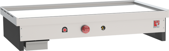 A stainless steel Wolf TYG48C_LP teppanyaki griddle with a flat cooking surface, control knobs on the front, and the red Wolf logo on the right. This 48-inch commercial griddle has a boxy base and raised edges, set against a plain white background.