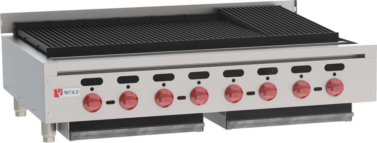 This countertop gas charbroiler features a stainless steel body, six red control knobs, a black grilling surface, and the Wolf logo. It boasts horizontal and slanted grates and is designed for professional kitchens.