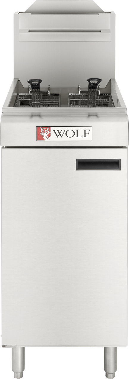 A Wolf WF400 Fryer, this stainless steel commercial gas fryer features two fryer baskets, a vented back, the Wolf logo on the front, a rectangular shape, storage door below, and four sturdy legs for reliable support.