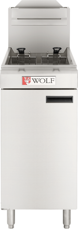 A Wolf WF400 Fryer, this stainless steel commercial gas fryer features two fryer baskets, a vented back, the Wolf logo on the front, a rectangular shape, storage door below, and four sturdy legs for reliable support.