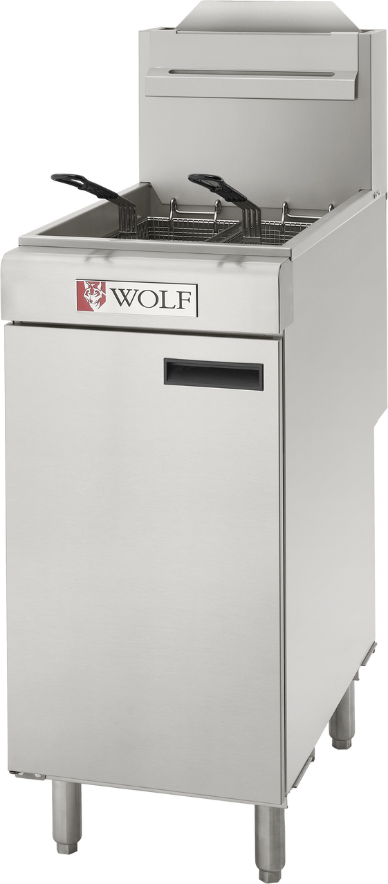 The Wolf WF400 Fryer is a commercial stainless steel fryer featuring two baskets with black handles, a front-facing control panel, and a storage compartment below. It stands on four sturdy legs and includes a back splash guard for added safety.