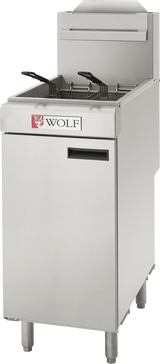 The Wolf WF400 Fryer is a commercial stainless steel fryer featuring two baskets with black handles, a front-facing control panel, and a storage compartment below. It stands on four sturdy legs and includes a back splash guard for added safety.