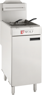A commercial gas fryer, the Wolf WF400 Fryer features two stainless steel fryer baskets with handles, sturdy legs, a front door, and a bold red WOLF logo on its sleek front panel. This clean unit boasts a modern design perfect for busy kitchens.