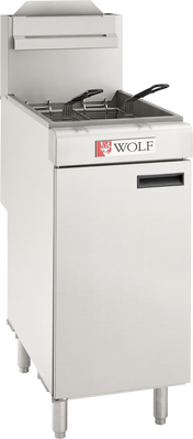 A commercial gas fryer, the Wolf WF400 Fryer features two stainless steel fryer baskets with handles, sturdy legs, a front door, and a bold red WOLF logo on its sleek front panel. This clean unit boasts a modern design perfect for busy kitchens.