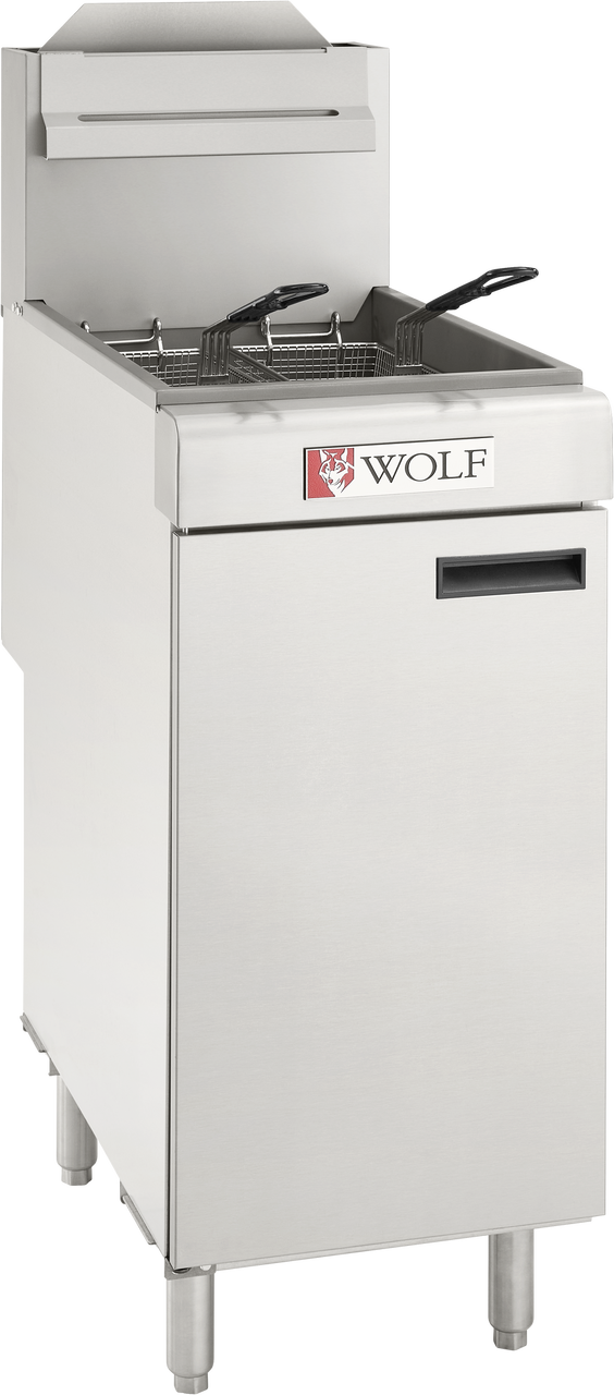A commercial gas fryer, the Wolf WF400 Fryer features two stainless steel fryer baskets with handles, sturdy legs, a front door, and a bold red WOLF logo on its sleek front panel. This clean unit boasts a modern design perfect for busy kitchens.