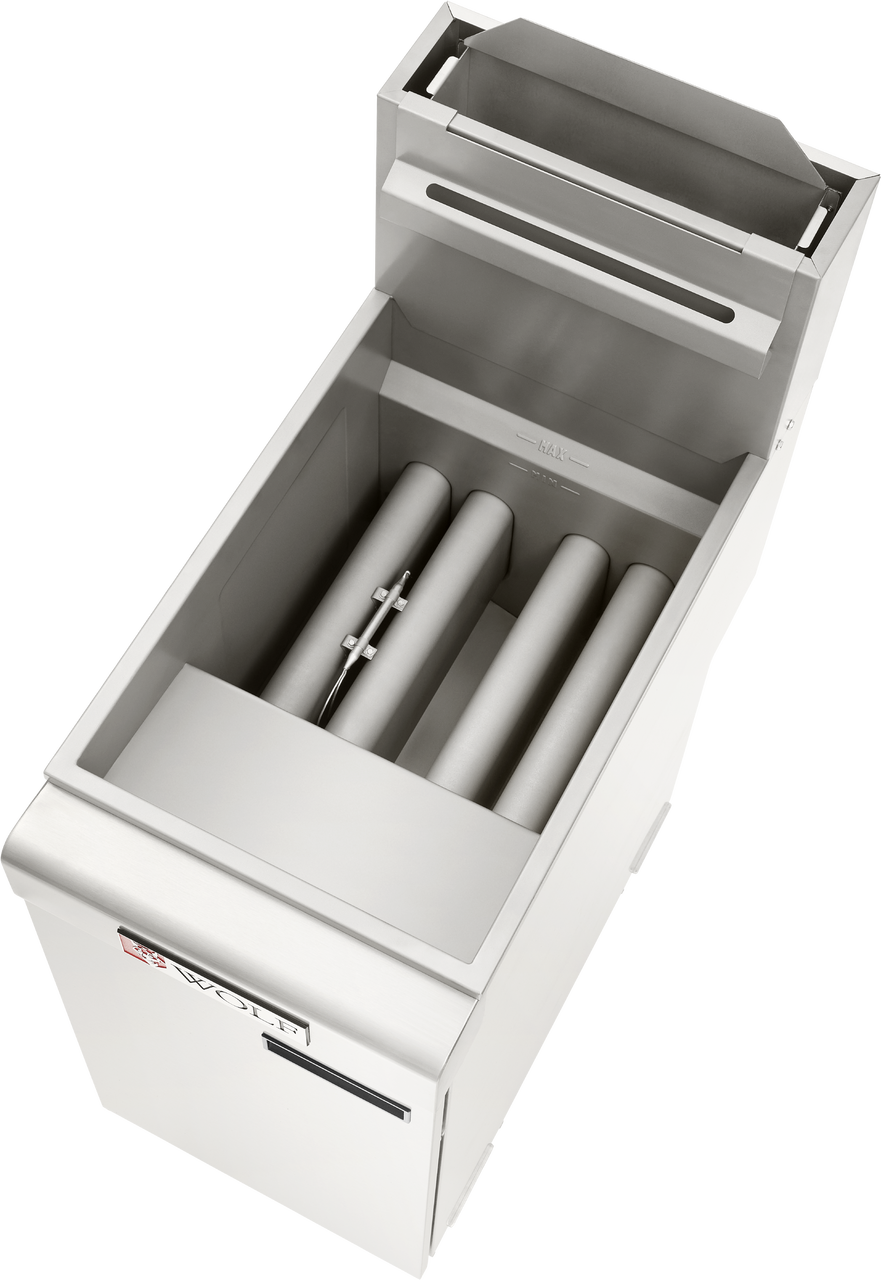 A stainless steel fryer with the lid open reveals three heating tubes inside its frying chamber. The control panel is visible on the front, and this commercial gas fryer features a clean, industrial design ideal for restaurant kitchens.