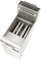 A stainless steel fryer with the lid open reveals three heating tubes inside its frying chamber. The control panel is visible on the front, and this commercial gas fryer features a clean, industrial design ideal for restaurant kitchens.